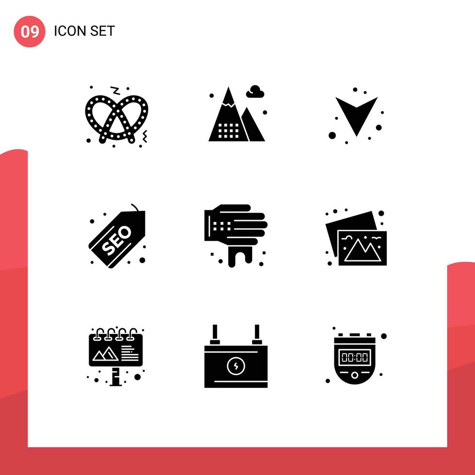 Pack of 9 Modern Solid Glyphs Signs and Symbols for Web Print Media such as spa hand arrow seo tag Editable Vector Design Elements