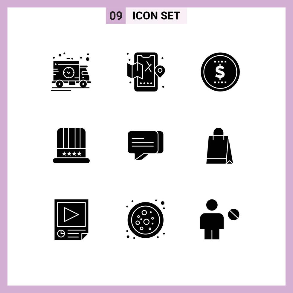 Mobile Interface Solid Glyph Set of 9 Pictograms of message chat finance usa cap Editable Vector Design Elements