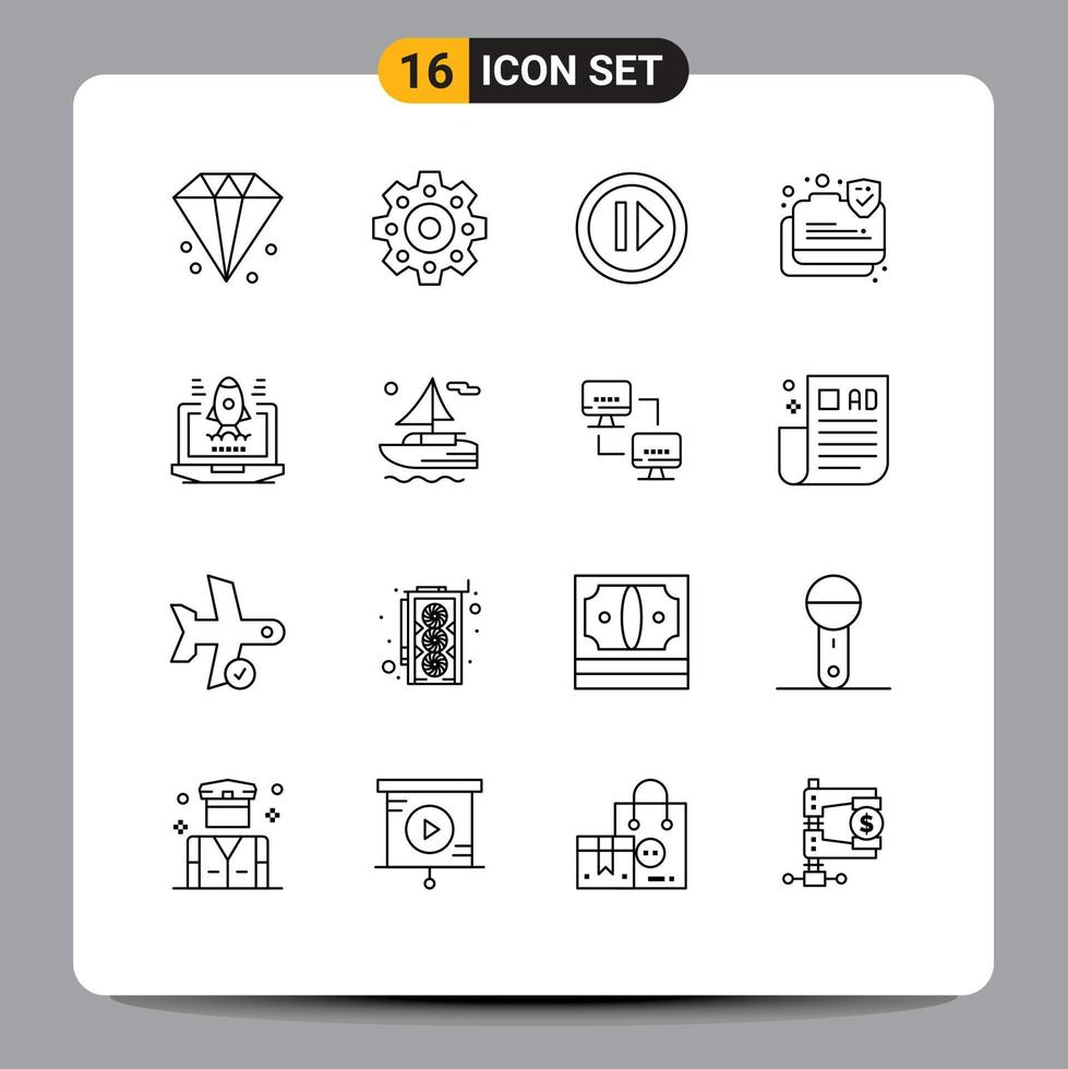 Set of 16 Commercial Outlines pack for boat rocket media business protection Editable Vector Design Elements