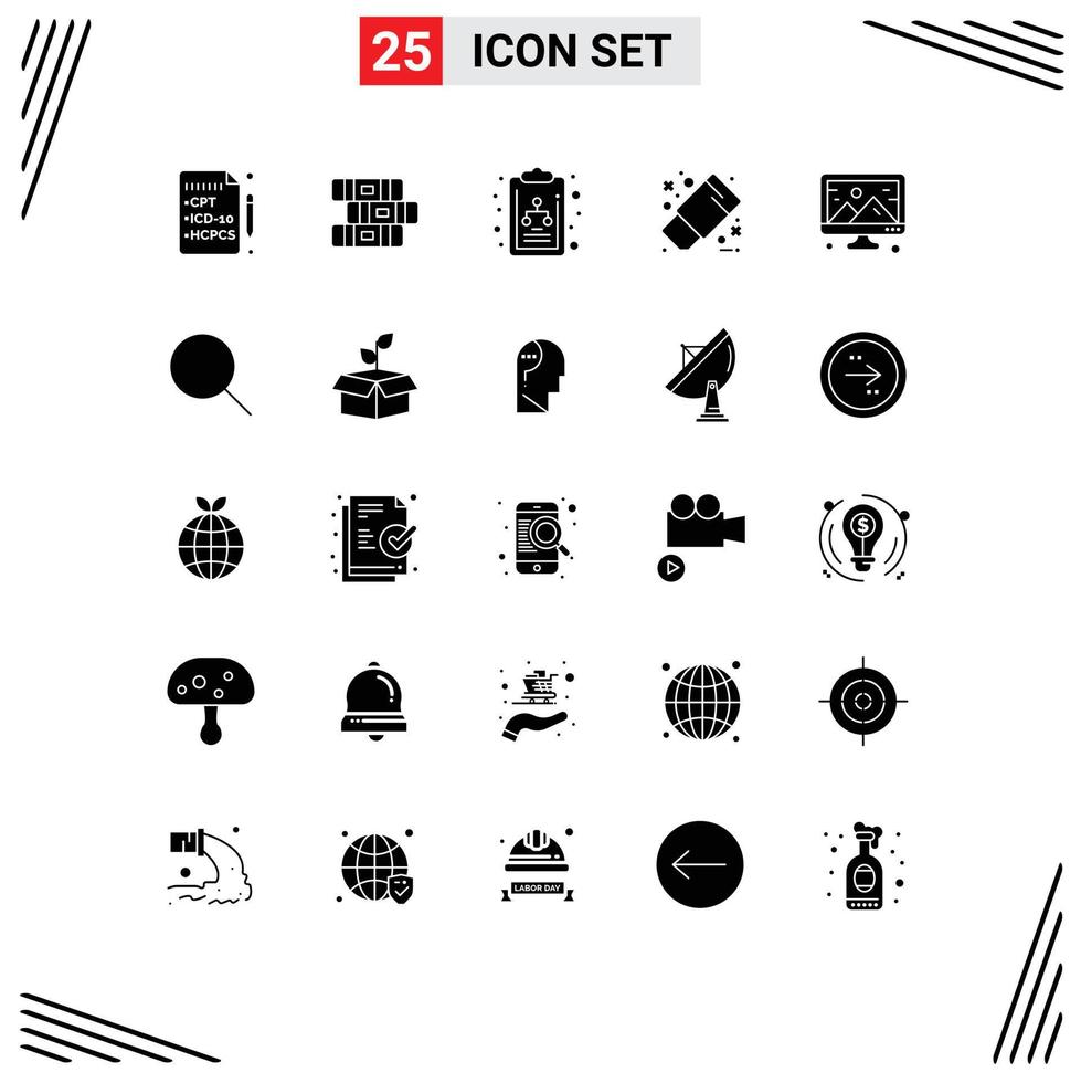 Set of 25 Commercial Solid Glyphs pack for instagram computer organization chart image tool Editable Vector Design Elements