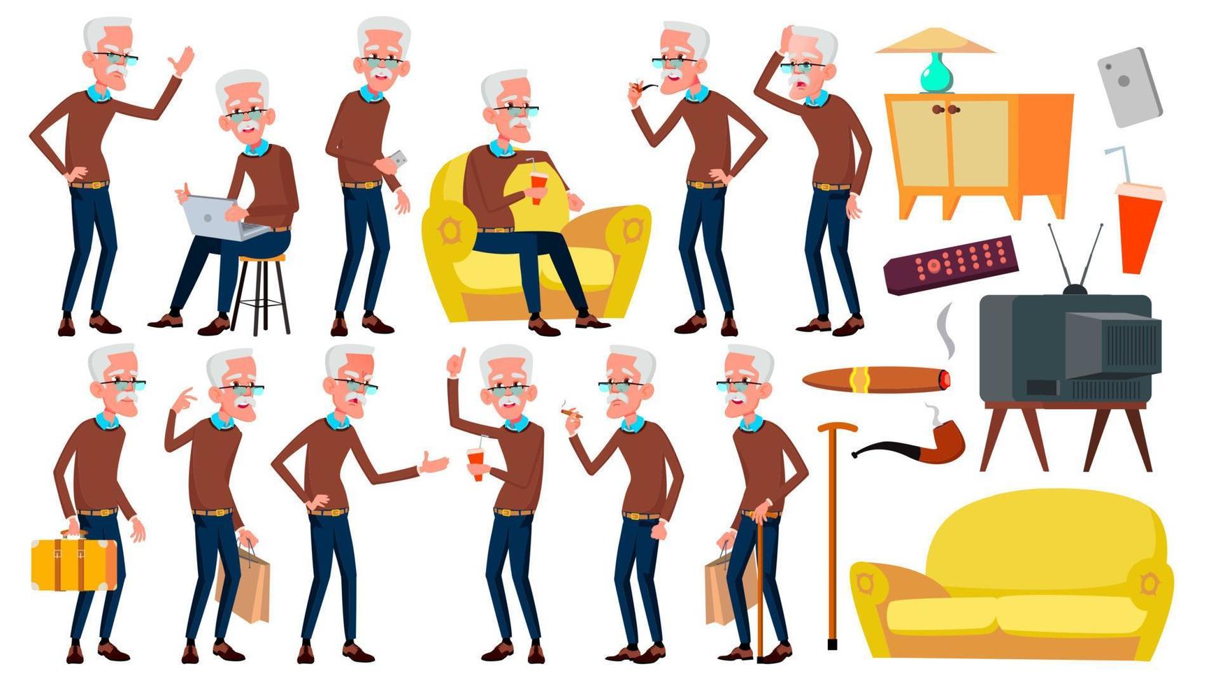 Old Man Poses Set Vector. Elderly People. Senior Person. Aged. Caucasian Retiree. Smile. Web, Poster, Booklet Design. Isolated Cartoon Illustration vector