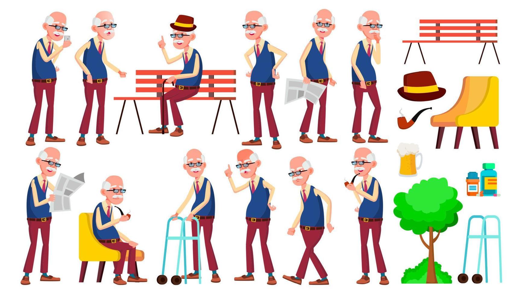 Old Man Poses Set Vector. Elderly People. Senior Person. Aged. Friendly Grandparent. Banner, Flyer, Brochure Design. Isolated Cartoon Illustration vector