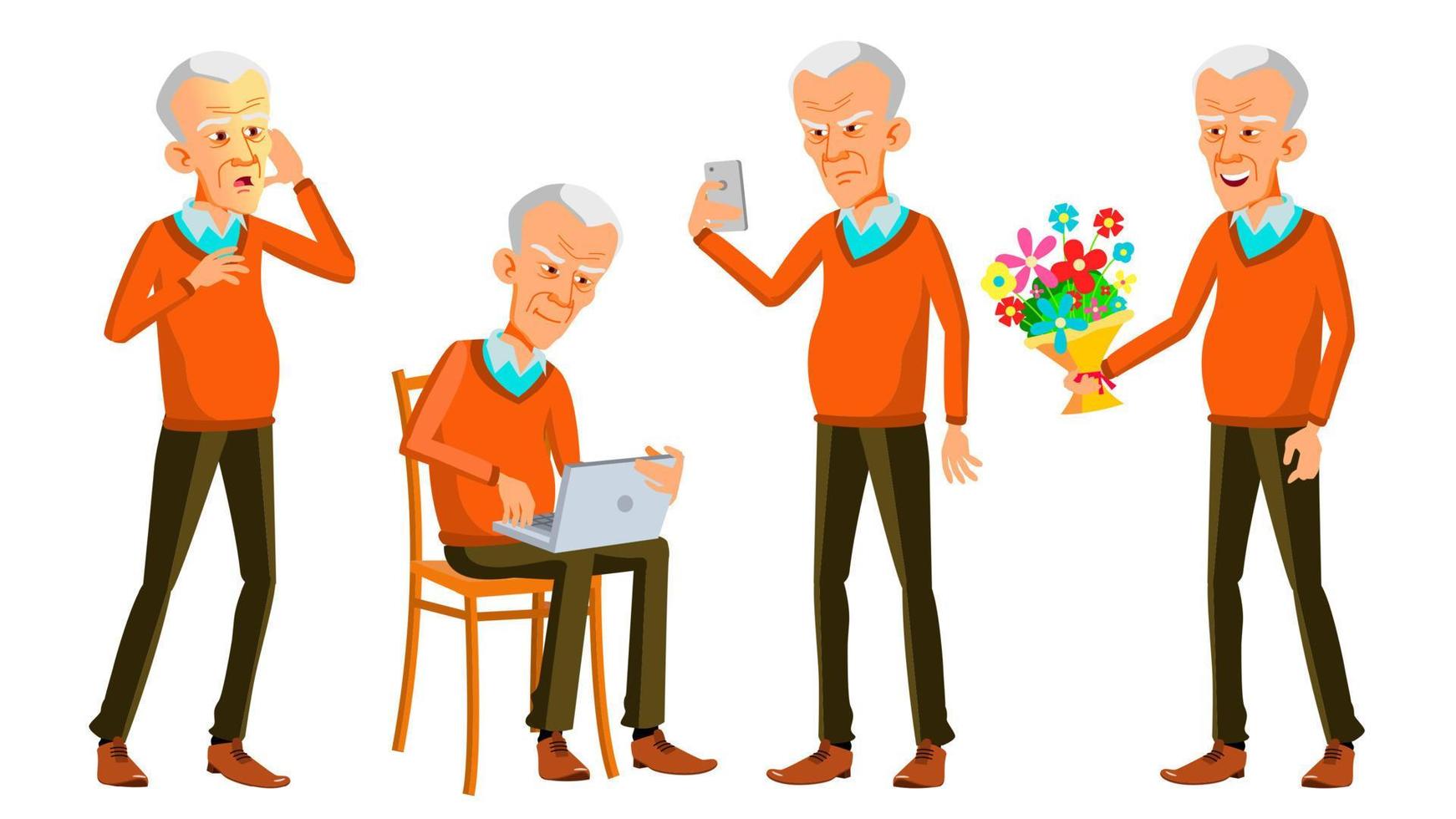Old Man Poses Set Vector. Asian, Japanese, Vietnamese. Elderly People. Senior Person. Aged. Caucasian Retiree. Smile. Web, Poster, Booklet Design. Isolated Cartoon Illustration vector