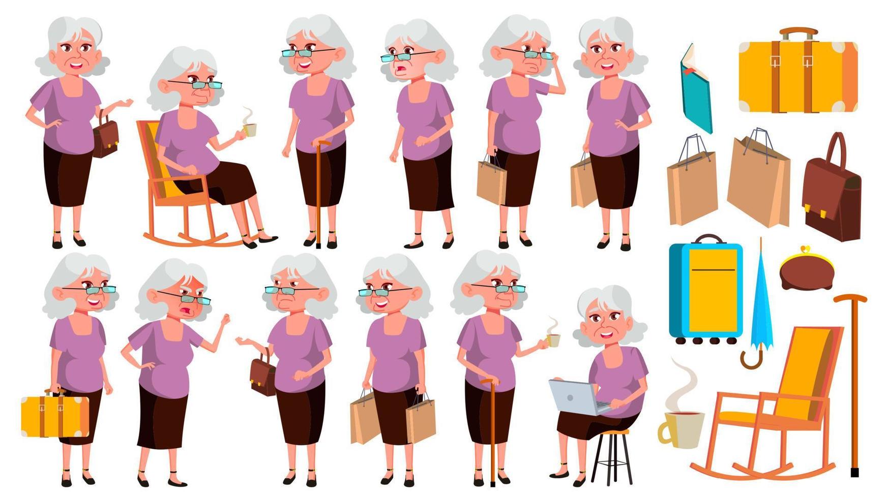 Old Woman Poses Set Vector. Elderly People. Senior Person. Aged. Friendly Grandparent. Web, Poster, Booklet Design. Isolated Cartoon Illustration vector