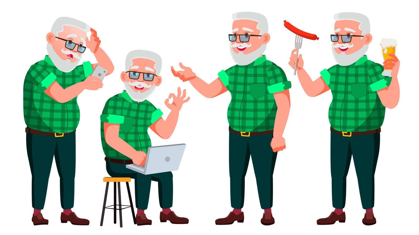 Old Man Poses Set Vector. Elderly People. Senior Person. Aged. Caucasian Retiree. Smile. Web, Poster, Booklet Design. Isolated Cartoon Illustration vector