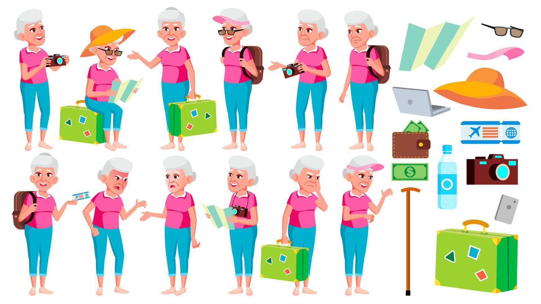 Old Woman Poses Set Vector. Elderly People. Senior Person. Aged. Tourist, Tourism. Beautiful Retiree. Life. Card, Advertisement, Greeting Design. Isolated Cartoon Illustration vector