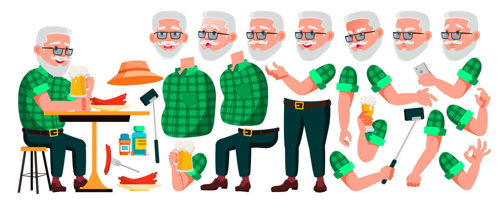 Old Man Vector. Senior Person Portrait. Elderly People. Aged. Animation Creation Set. Face Emotions, Gestures. Beautiful Retiree. Life. Print Design. Animated. Isolated Cartoon Illustration vector