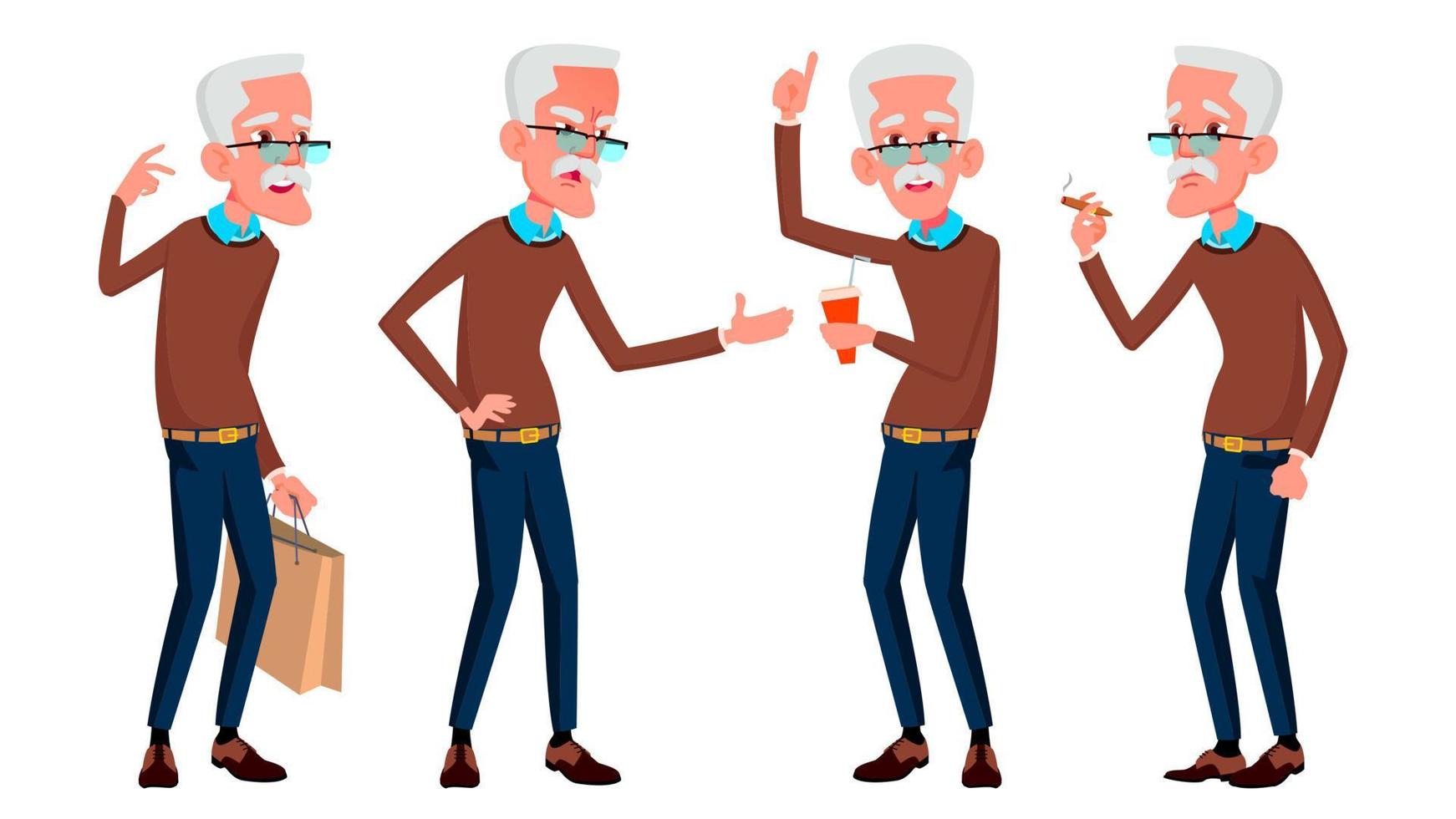 Old Man Poses Set Vector. Elderly People. Senior Person. Aged. Beautiful Retiree. Life. Card, Advertisement, Greeting Design. Isolated Cartoon Illustration vector