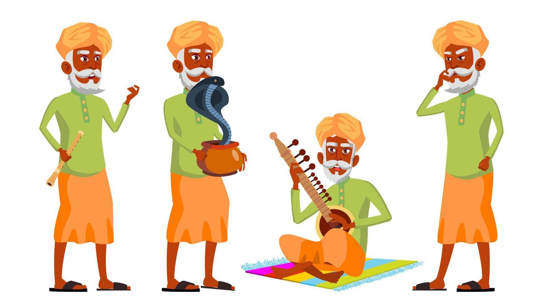 Indian Old Man Poses Set Vector. Hindu. Asian. Elderly People. Senior Person. Aged. Snake Cobra Dance. Web, Brochure, Poster Design. Isolated Cartoon Illustration vector