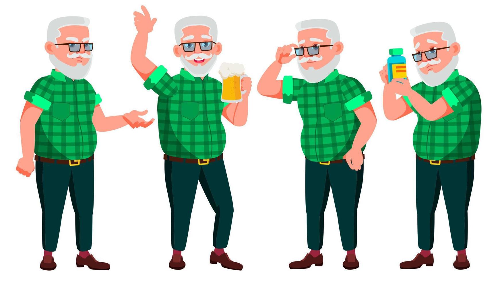 Old Man Poses Set Vector. Elderly People. Senior Person. Aged. Cheerful Grandparent. Presentation, Invitation, Card Design. Isolated Cartoon Illustration vector