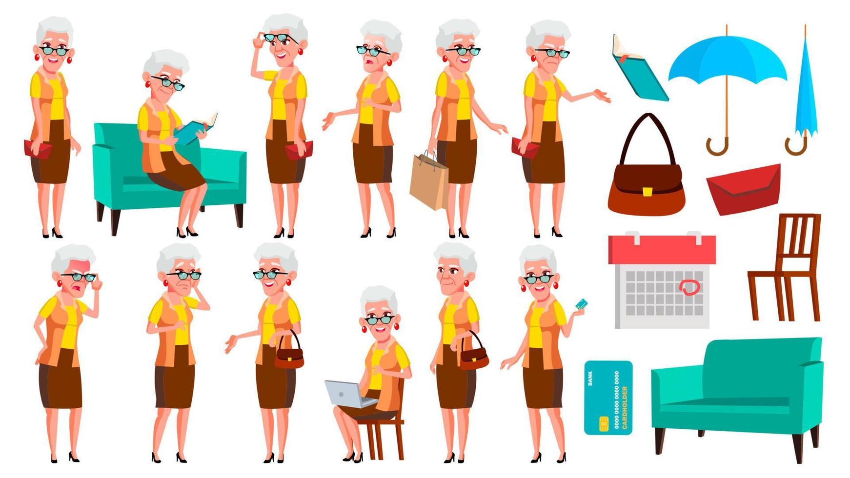 Old Woman Poses Set Vector. Elderly People. Senior Person. Aged. Comic Pensioner. Lifestyle. Postcard, Cover, Placard Design. Isolated Cartoon Illustration vector