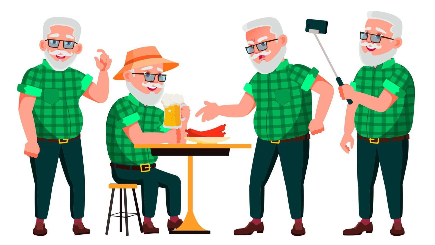 Old Man Poses Set Vector. Elderly People. Senior Person. Aged. Positive Pensioner. Advertising, Placard, Print Design. Isolated Cartoon Illustration vector