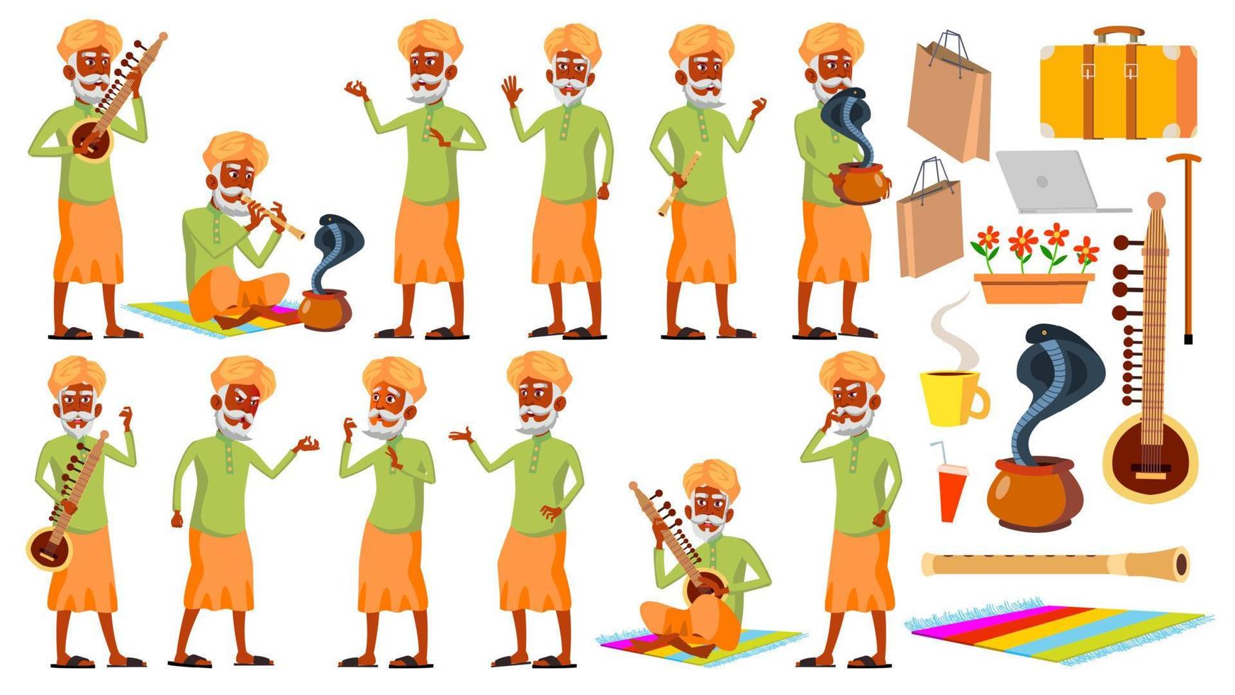 Indian Old Man Poses Set Vector. Hindu. Asian. Elderly People. Senior Person. Aged. Snake Cobra Dance. Presentation, Invitation, Card Design. Isolated Cartoon Illustration vector