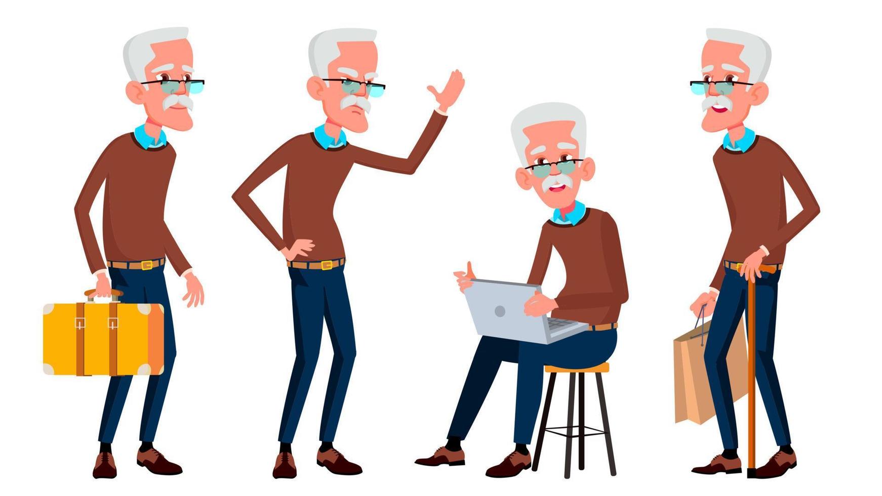 Old Man Poses Set Vector. Elderly People. Senior Person. Aged. Friendly Grandparent. Banner, Flyer, Brochure Design. Isolated Cartoon Illustration vector