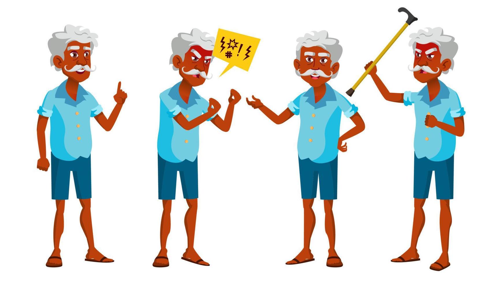 Indian Old Man Poses Set Vector. Elderly People. Hindu. Asian. Senior Person. Aged. Positive Pensioner. Advertising, Placard, Print Design. Isolated Cartoon Illustration vector