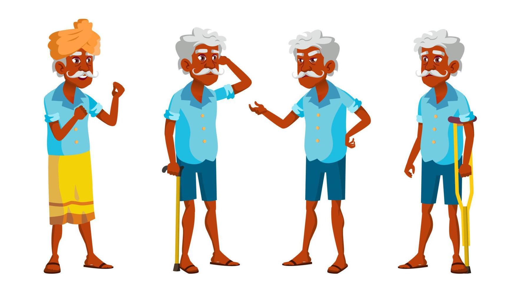 Indian Old Man Poses Set Vector. Elderly People. Senior Person. Aged. Friendly Grandparent. Hindu. Asian. Banner, Flyer, Brochure Design. Isolated Cartoon Illustration vector