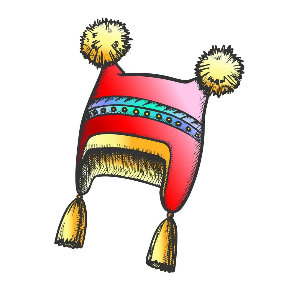 Winter Hat With Fluffy Woolen Pompons Retro Vector