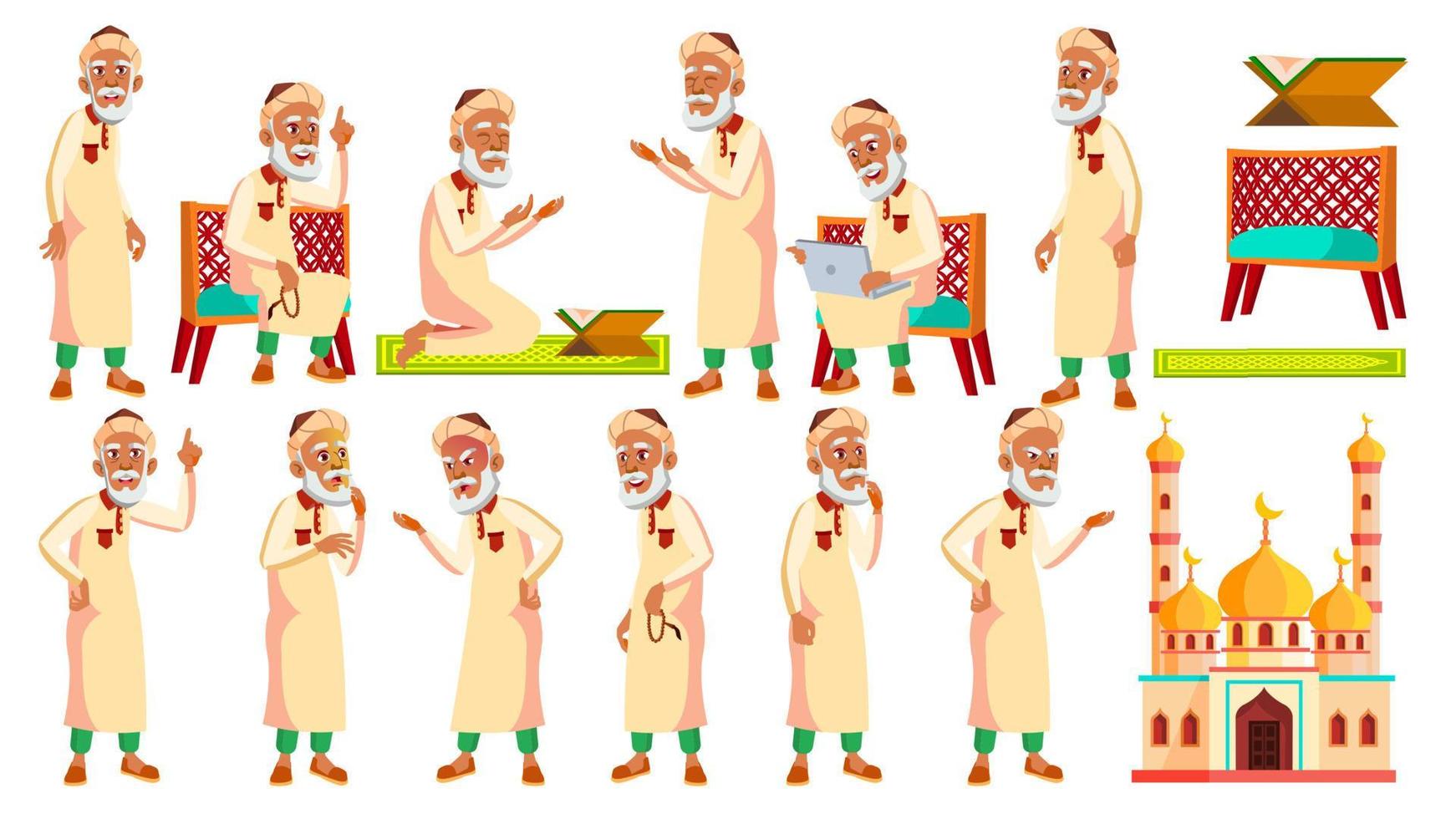 Arab, Muslim Old Man Poses Set Vector. Elderly People. Senior Person. Aged. Active Grandparent. Joy. Presentation, Print, Invitation Design. Isolated Cartoon Illustration vector