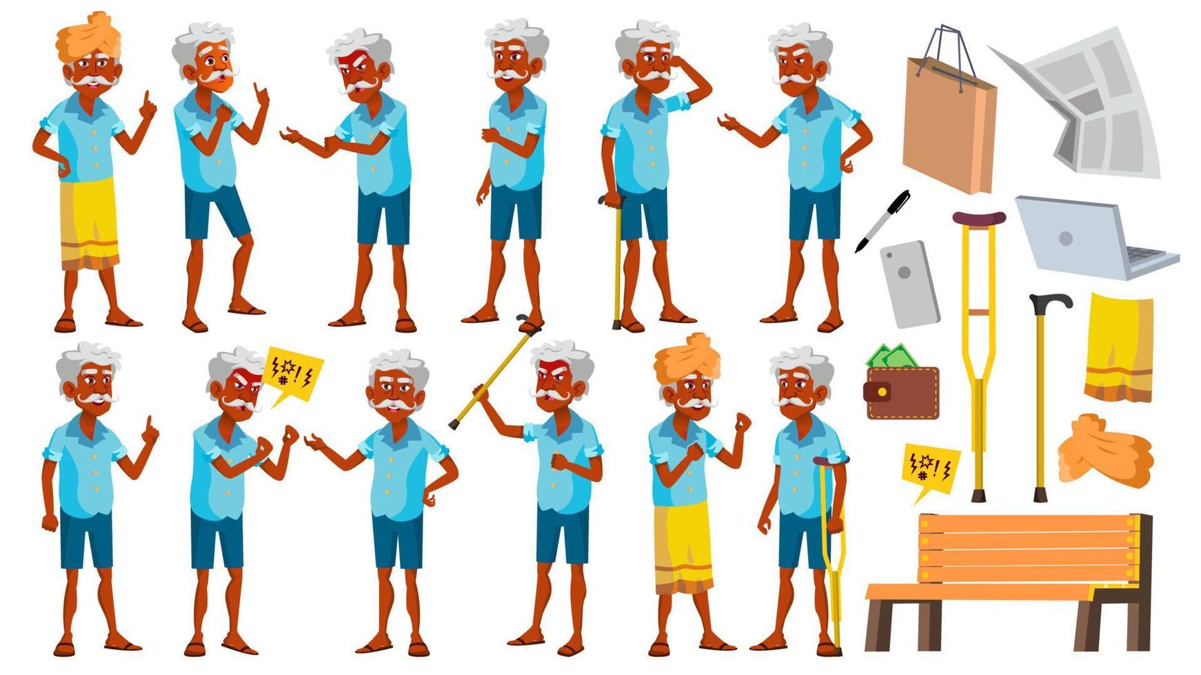 Indian Old Man Poses Set Vector. Elderly People. Hindu. Asian. Senior Person. Aged. Cheerful Grandparent. Presentation, Invitation, Card Design. Isolated Cartoon Illustration vector