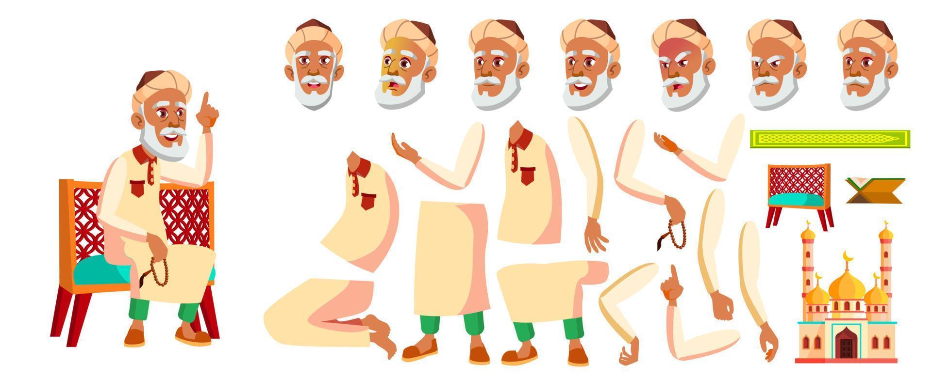 Arab, Muslim Old Man Vector. Senior Person Portrait. Elderly People. Aged. Animation Creation Set. Face Emotions, Gestures. Banner, Flyer. Animated. Illustration vector