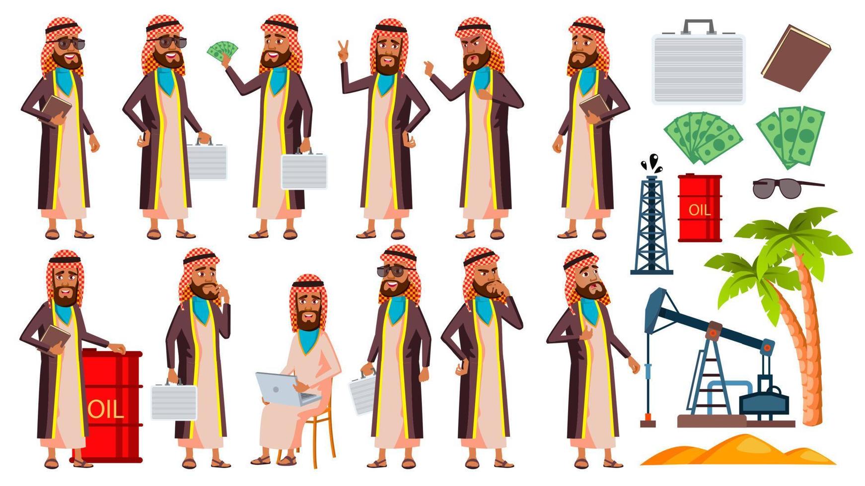 Arab, Muslim Old Man Poses Set Vector. Elderly People. Oil Production, Sheikh, Businessman. Senior Person. Aged. Smile. Web, Poster, Booklet Design. Isolated Cartoon Illustration vector