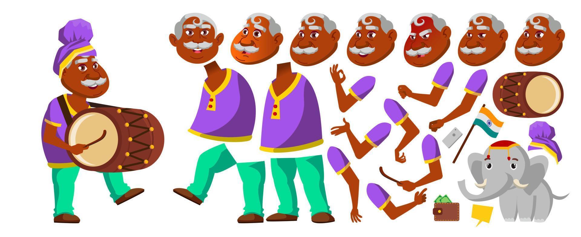 Indian Old Man Vector. Hindu. Asian. Senior Person With Drum, Tutban, Elephant. Elderly People. Aged. Animation Creation Set. Face Emotions, Gestures. Cute. Animated. Isolated Illustration vector