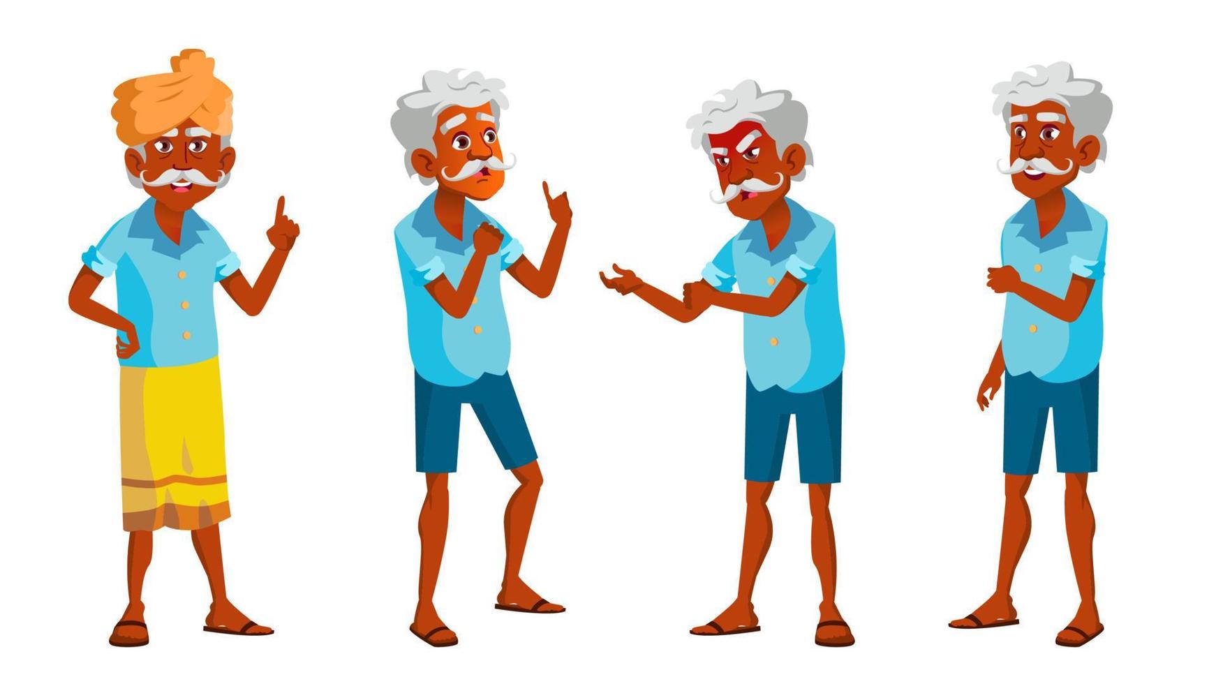 Indian Old Man Poses Set Vector. Elderly People. Senior Person. Hindu. Asian. Aged. Smile. Web, Poster, Booklet Design. Isolated Cartoon Illustration vector