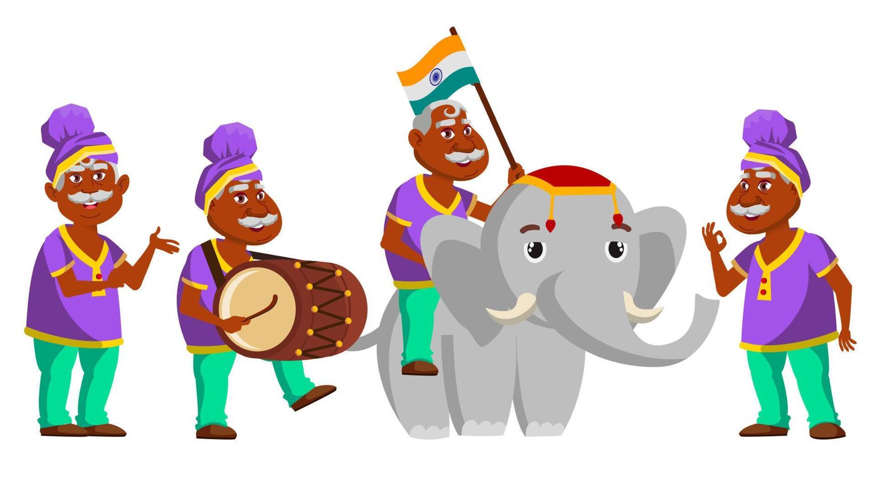 Indian Old Man Poses Set Vector. Elderly People. Hindu In Turban. Senior Person. Aged. Traditional Festival, Parade. Elephant. Presentation, Print, Invitation Design. Isolated Cartoon Illustration vector