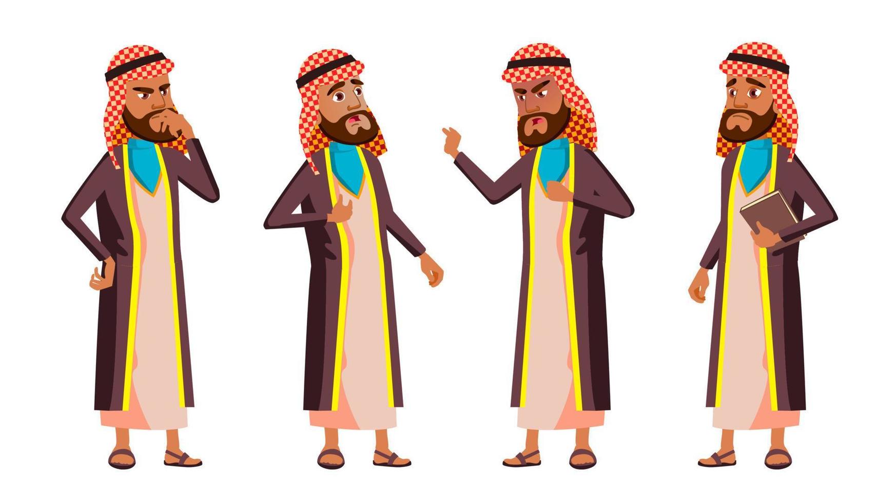 Arab, Muslim Old Man Poses Set Vector. Elderly People. Senior Person. Aged. Cute Retiree. Activity. Advertisement, Greeting, Announcement Design. Isolated Cartoon Illustration vector