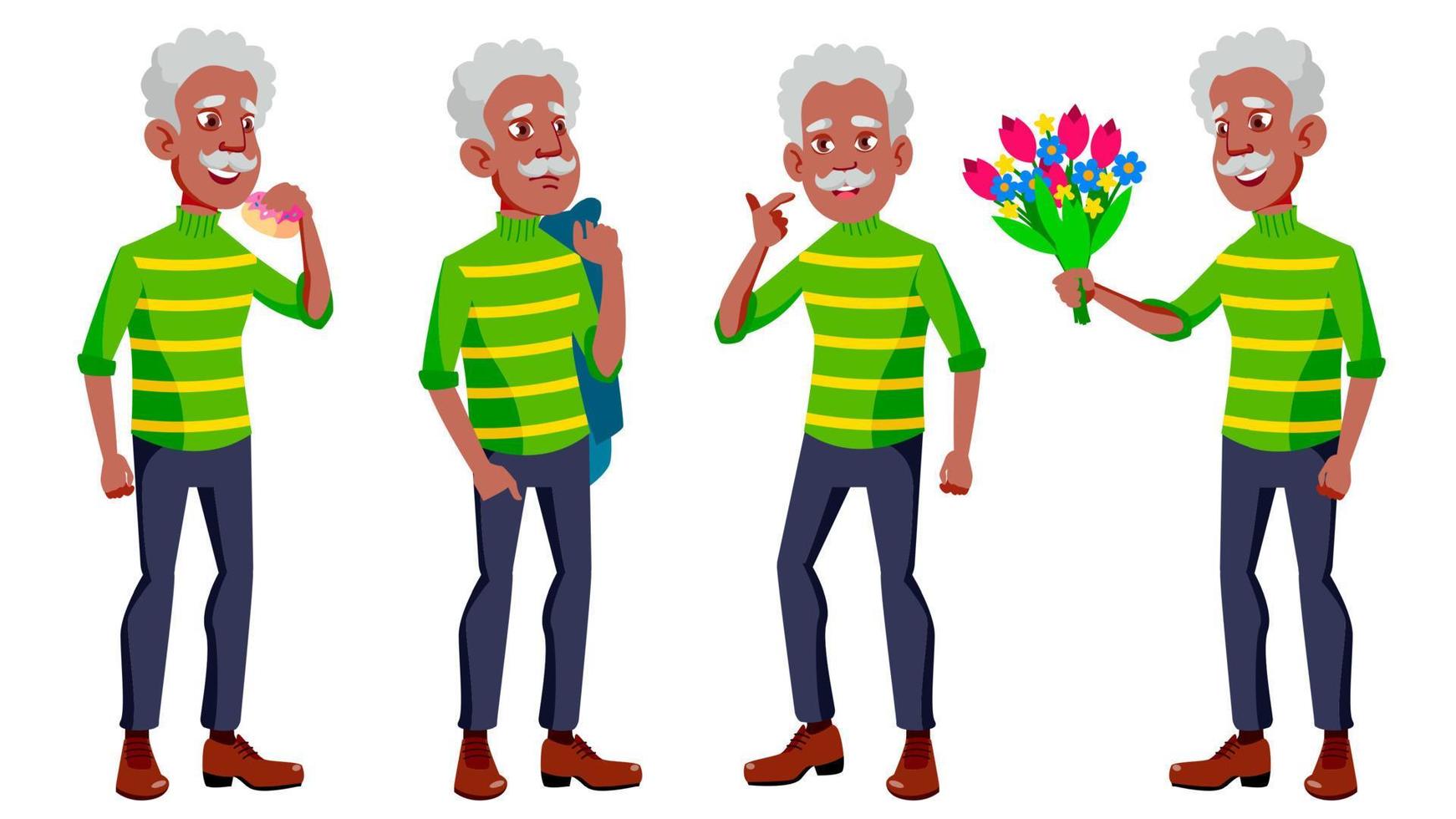 Old Man Poses Set Vector. Black. Afro American. Elderly People. Senior Person. Aged. Friendly Grandparent. Web, Poster, Booklet Design. Isolated Cartoon Illustration vector