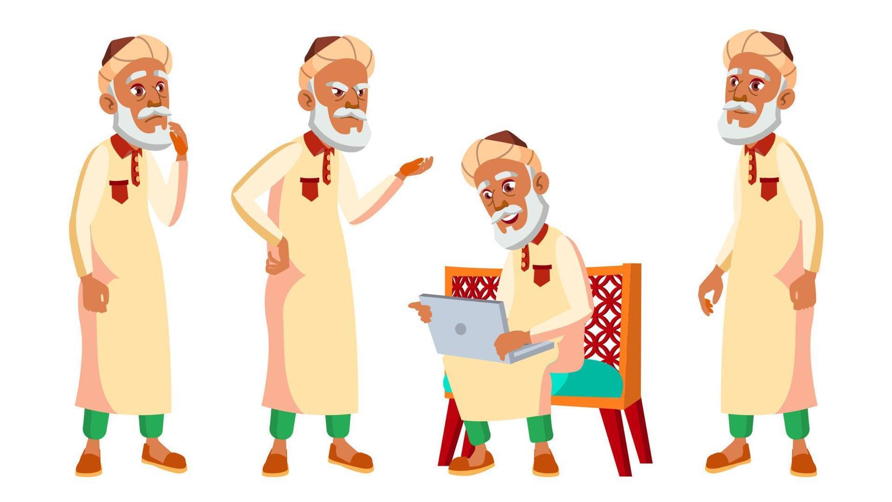 El anciano árabe musulmán posa en un vector. personas de edad avanzada. persona mayor Envejecido. pensionista divertido. tiempo libre. postal, anuncio, diseño de portada. ilustración de dibujos animados aislados vector
