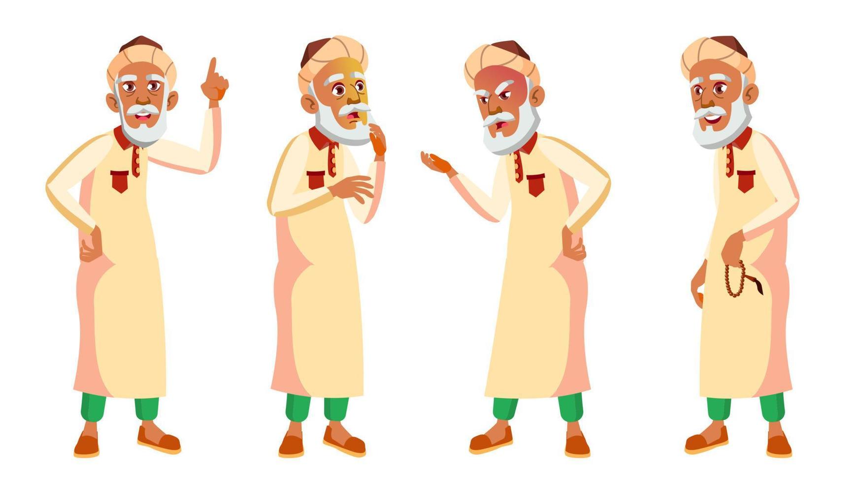 Arab, Muslim Old Man Poses Set Vector. Elderly People. Senior Person. Aged. Friendly Grandparent. Banner, Flyer, Brochure Design. Isolated Cartoon Illustration vector