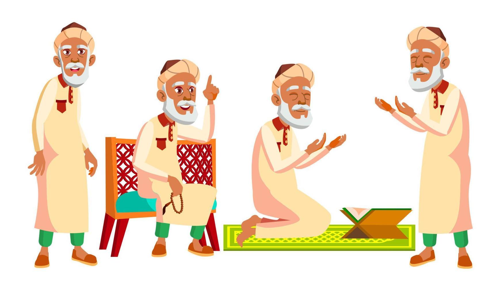 Arab, Muslim Old Man Poses Set Vector. Elderly People. Senior Person. Aged. Beautiful Retiree. Life. Card, Advertisement, Greeting Design. Isolated Cartoon Illustration vector