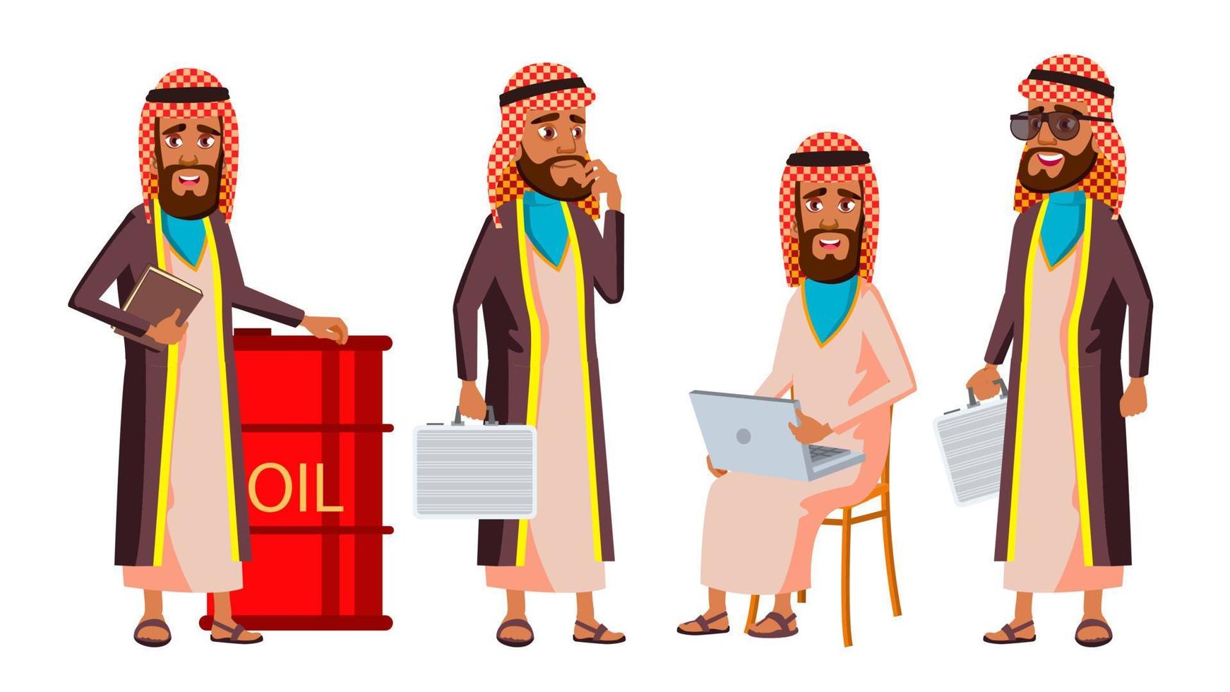 Arab, Muslim Old Man Poses Set Vector. Elderly People. Senior Person. Aged. Oil Production, Sheikh, Businessman. Senior Person. Advertising, Placard, Print Design. Isolated Cartoon Illustration vector