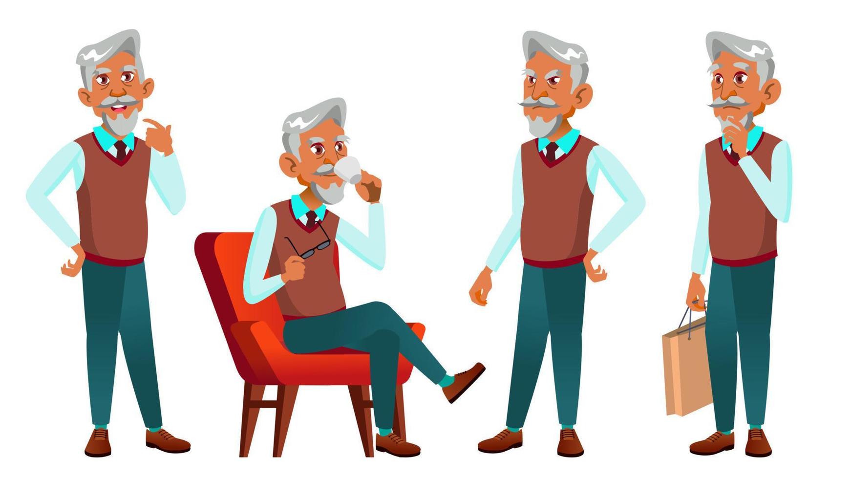 Arab, Muslim Old Man Poses Set Vector. Elderly People. Senior Person. Aged. Caucasian Retiree. Smile. Advertisement, Greeting, Announcement Design. Isolated Cartoon Illustration vector