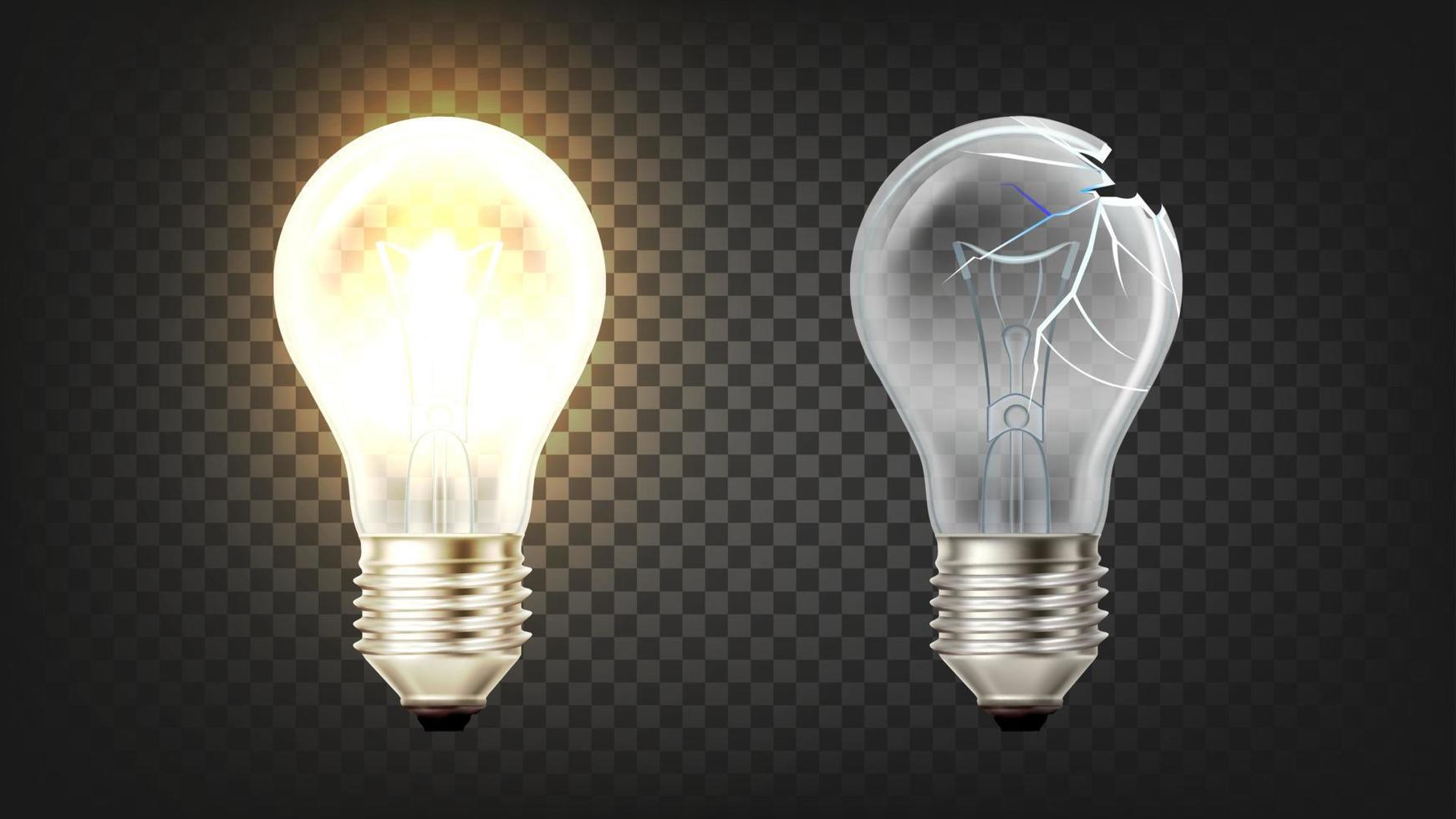 Glowing And Broken Incandescent Light Bulb Vector