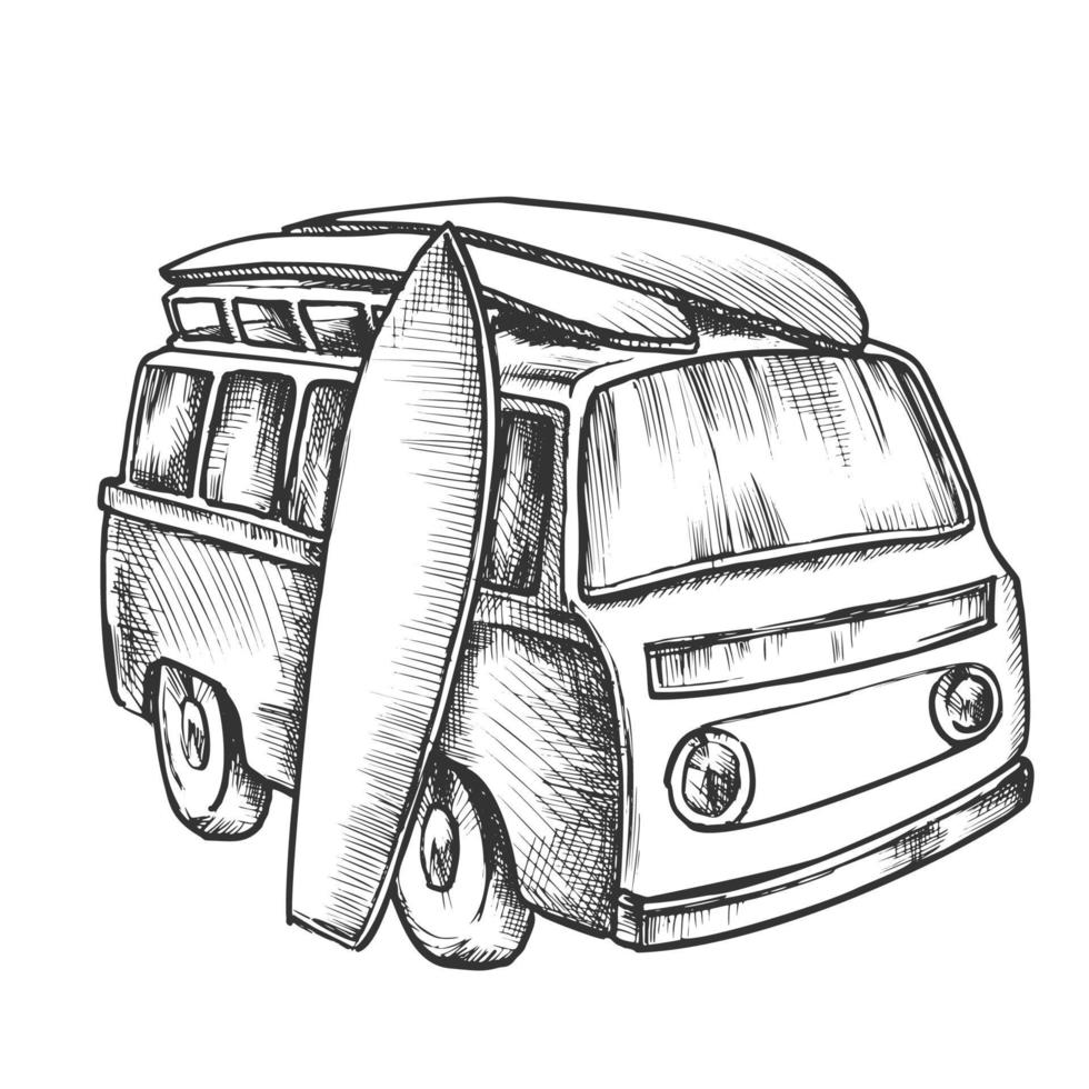 Surf Boards And Retro Surf Van Monochrome Vector