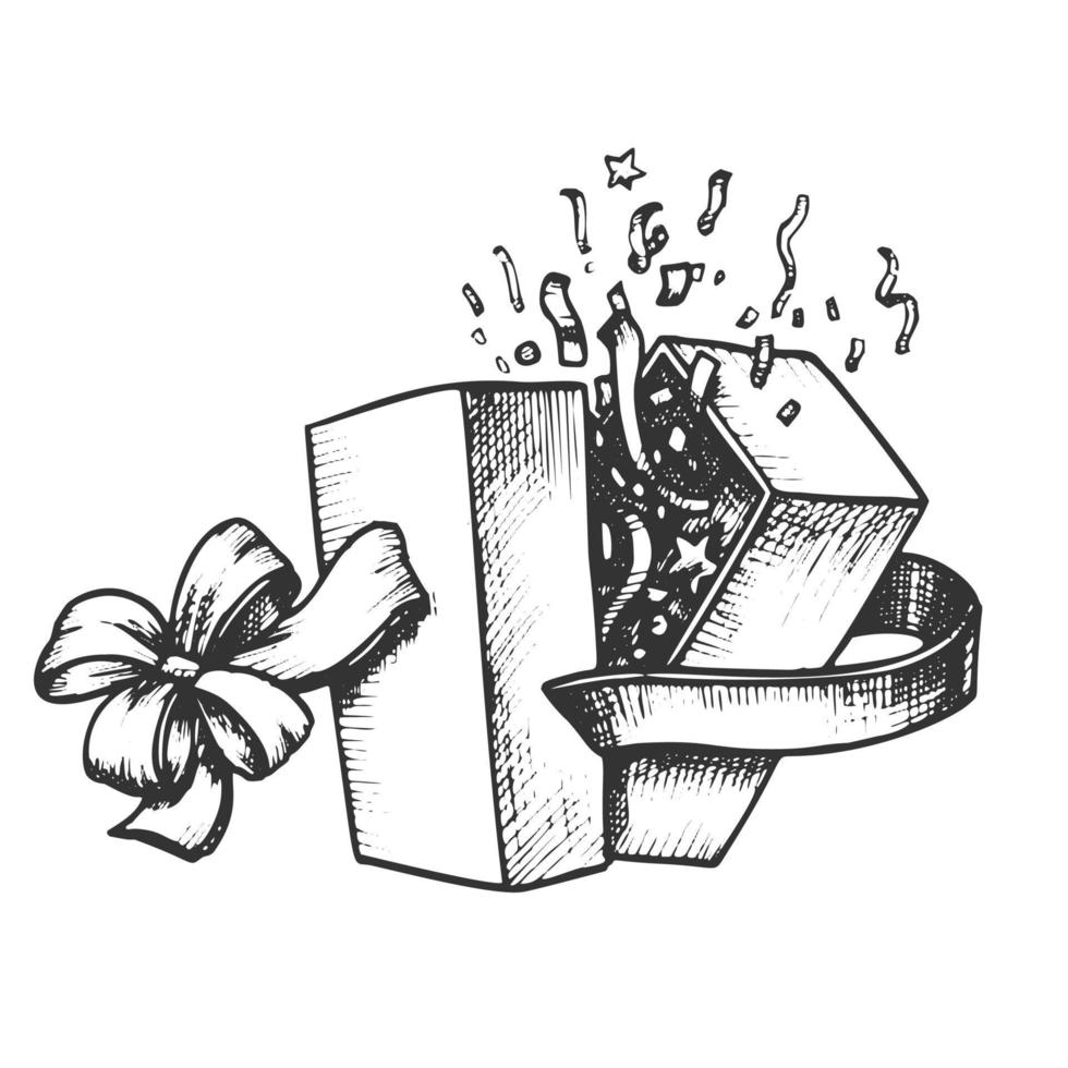 caja de regalo abierta con vector de tinta arco y confeti