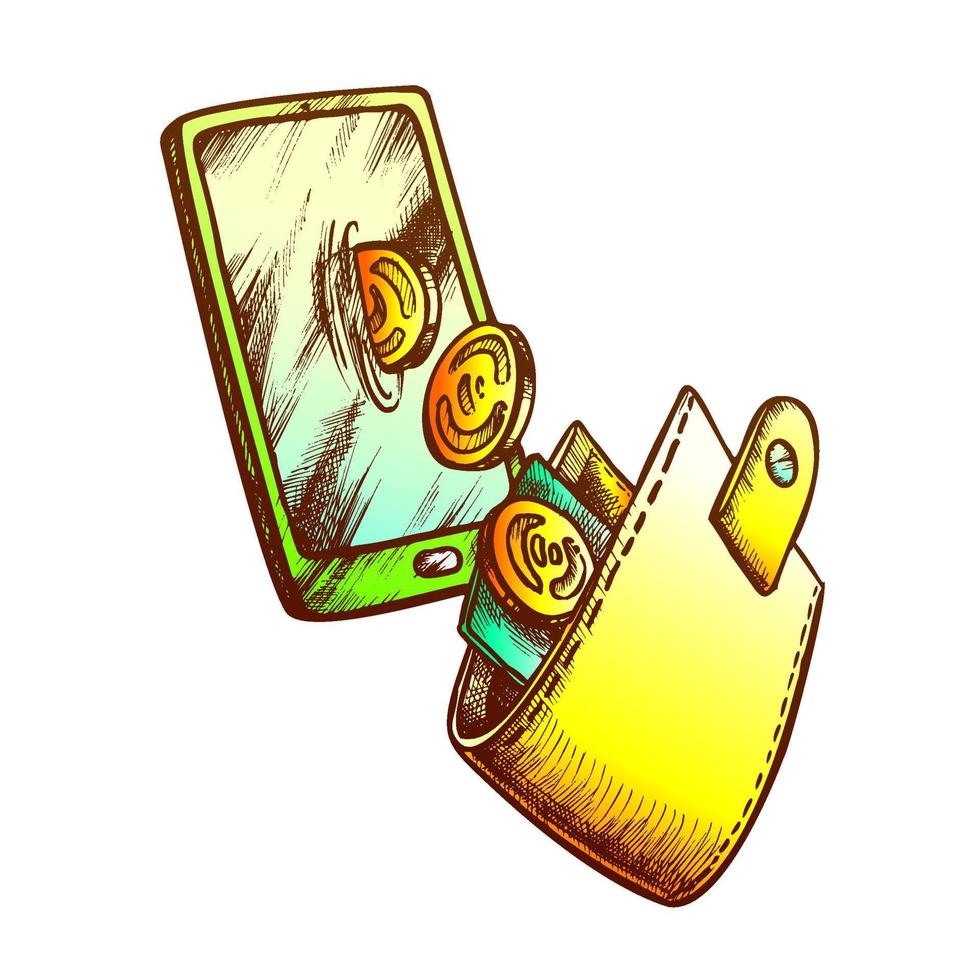 Wallet With Coins And Smartphone Monochrome Vector