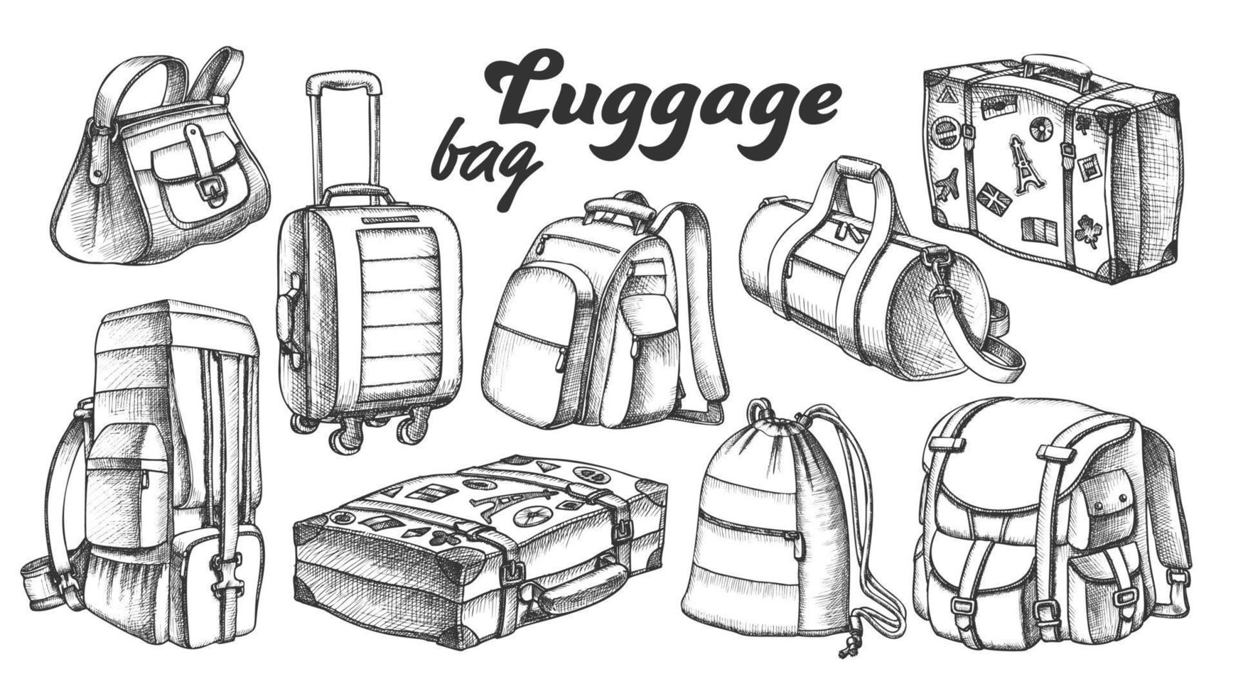 Collection Of Different Luggage Ink Set Vector
