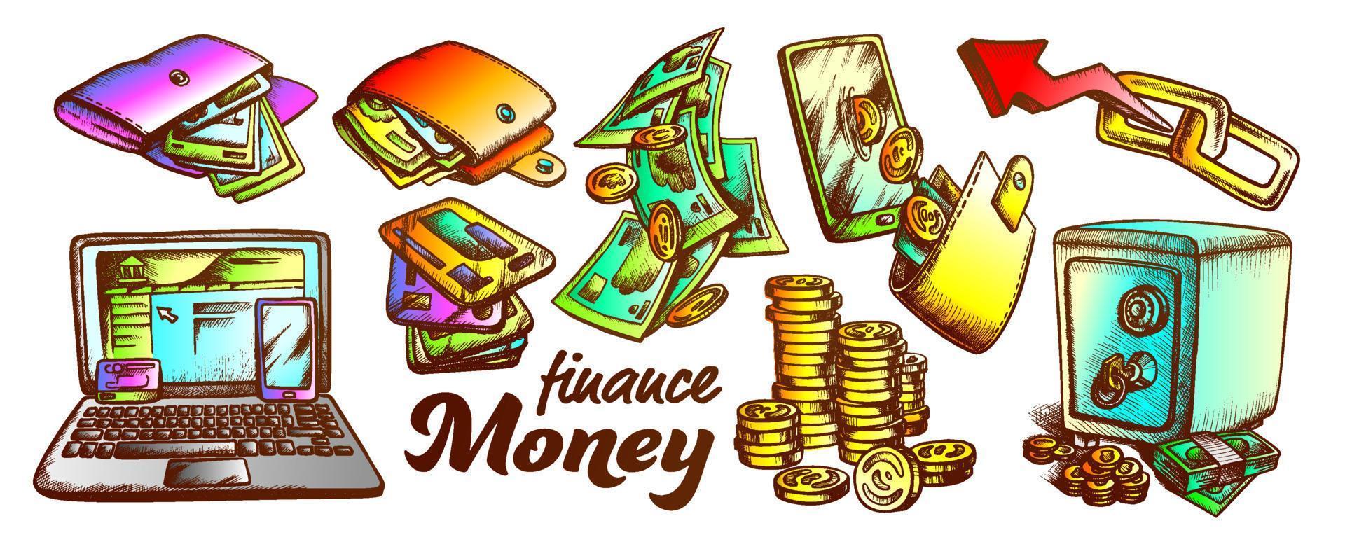 Money Finance Collection Monochrome Set Vector