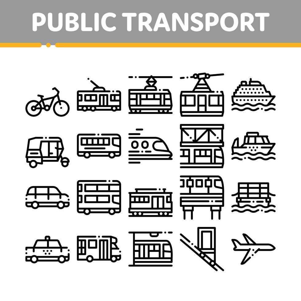 colección, transporte público, vector, línea, iconos, conjunto vector