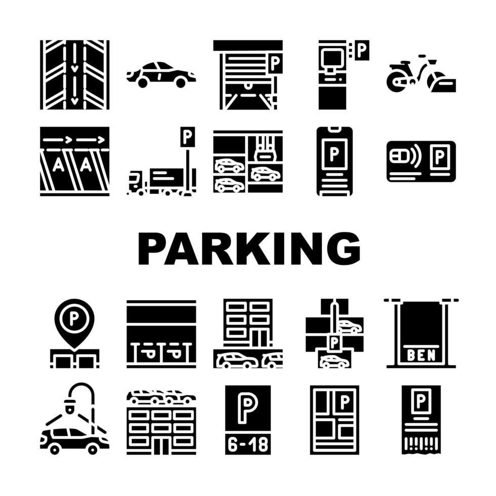 estacionamiento, transporte, colección, iconos, conjunto, vector