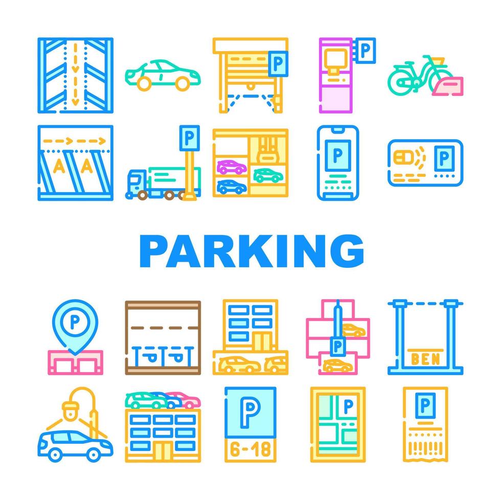 estacionamiento, transporte, colección, iconos, conjunto, vector