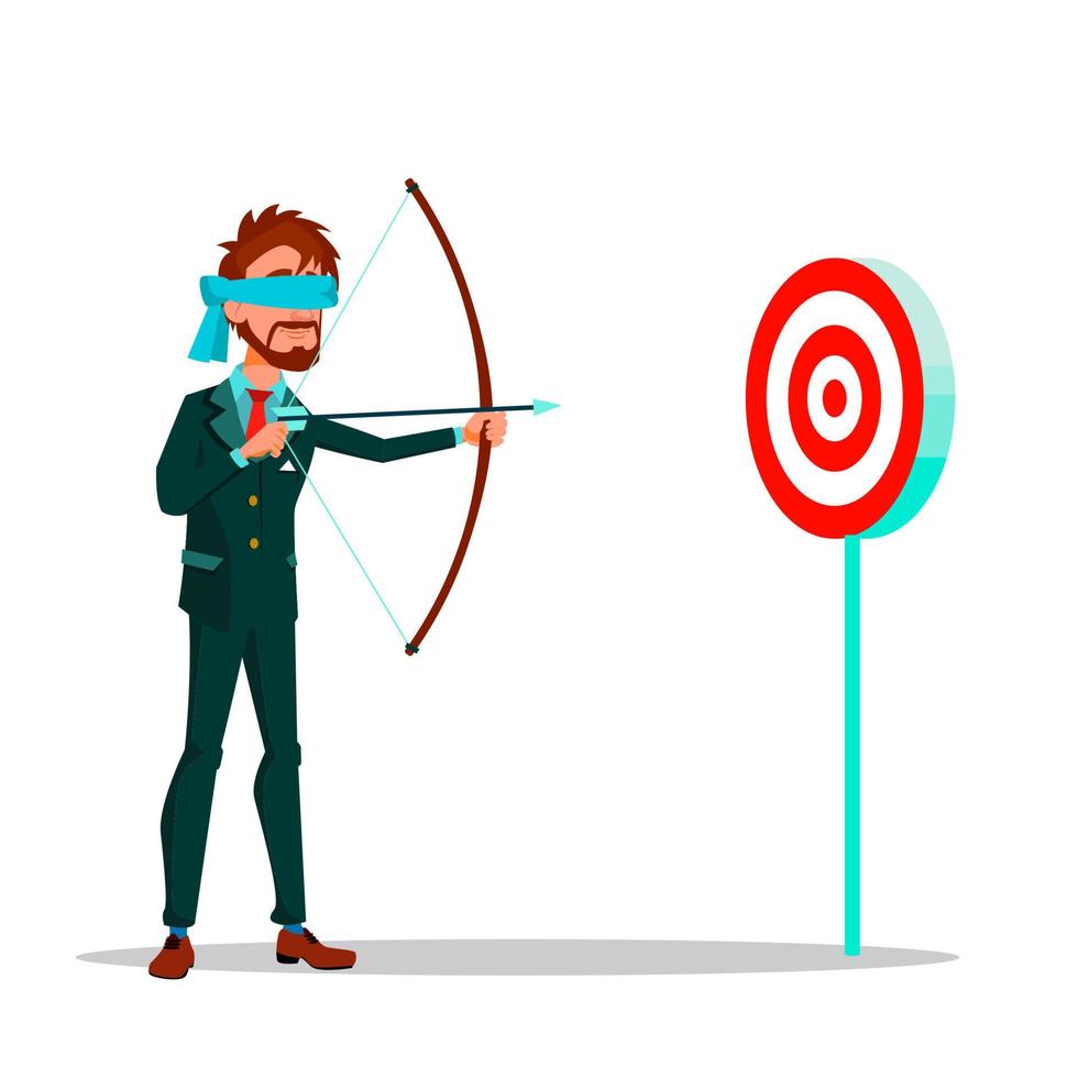 Blindfolded Businessman Aiming At Target From A Bow Vector Flat Cartoon Illustration