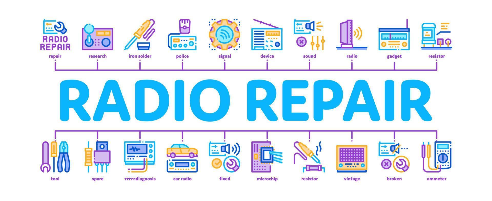 servicio de reparación de radio vector de banner infográfico mínimo