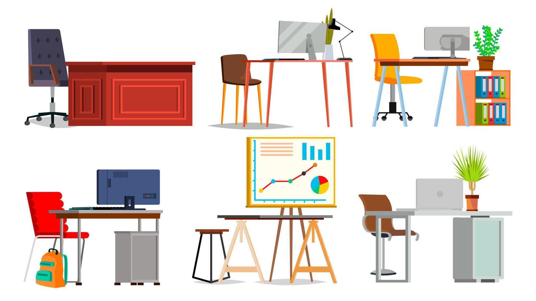 Office Workplace Set Vector. Interior Of The Office Room, Creative Developer Studio. PC, Computer, Laptop, Table, Chair. Interior. Furniture Workplace For Programmer, Designer, Salesman. Isolated vector