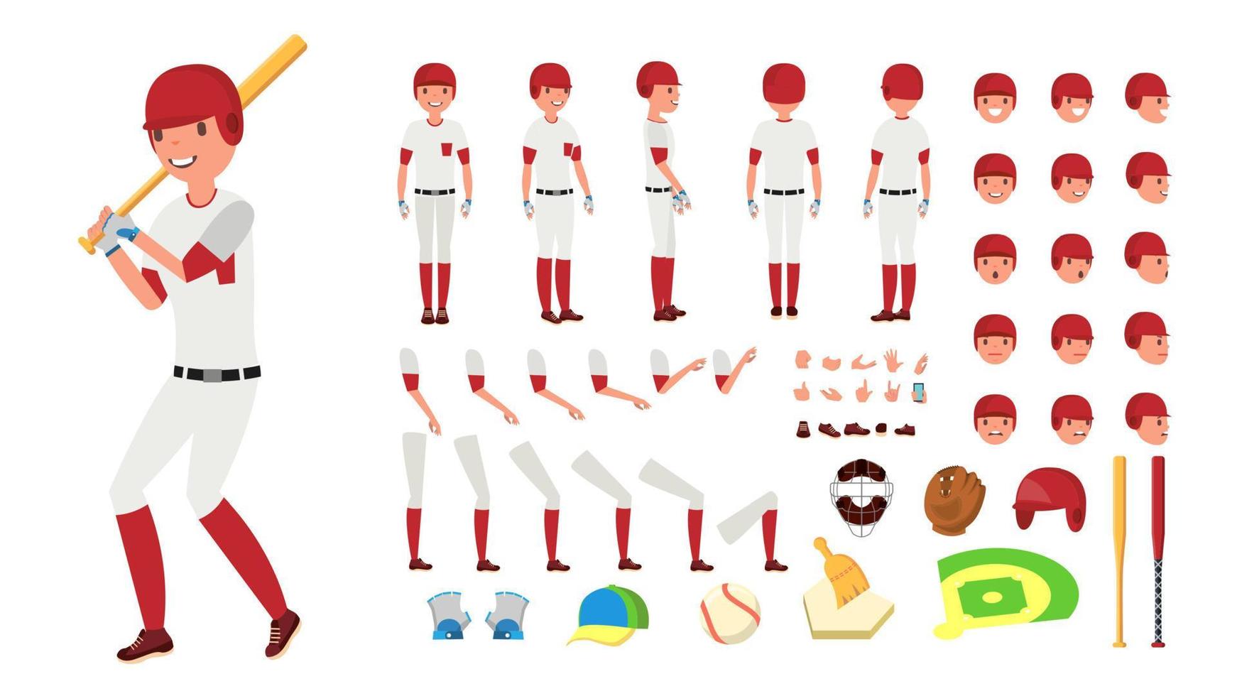 vector de jugador de béisbol. conjunto de creación de personajes animados. herramientas y equipos de pelota de base americana. longitud completa, vista frontal, lateral, trasera, accesorios, poses, emociones faciales, gestos. caricatura plana aislada