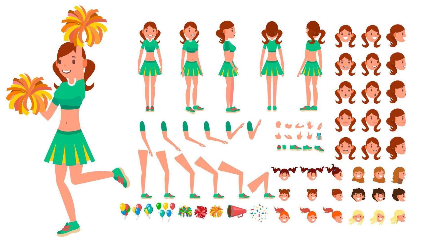 Cheerleader Girl Vector. Animated Character Creation Set. Sport Fan Dancing Cheerleading Woman. Full Length, Front, Side, Back View, Accessories, Poses, Face Emotions, Gestures. Isolated Flat Cartoon vector