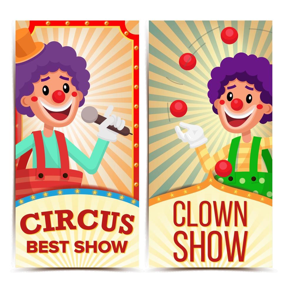 Circus Clown Vertical Banners Template Vector. Amazing Show Poster Template. Amusement Park Party. Carnival Festival Background. Illustration vector